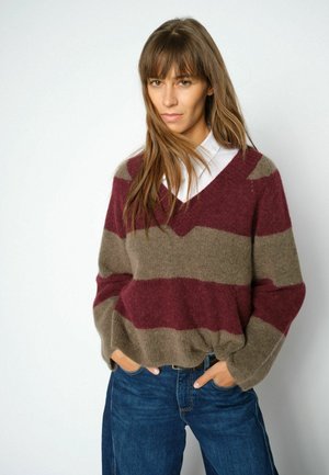 Kvinde med langt brunt hår iført en bordeaux og brunstribet sweater over en hvid skjorte og blå jeans mod en ensartet lys baggrund.