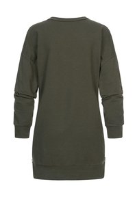 Robe tunique vert olive, faite d'un mélange de coton doux, avec des manches longues, un col rond et un ourlet légèrement fuselé avec des fentes latérales.