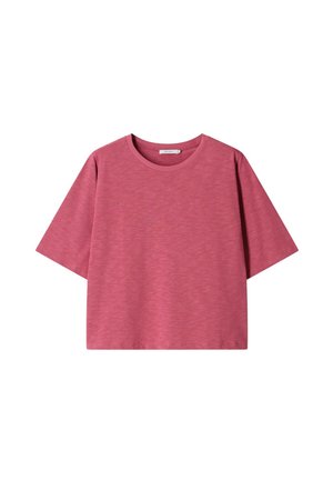 Effen rozenroze cropped T-shirt met korte mouwen, een ronde hals en een subtiele gemêleerde textuur.