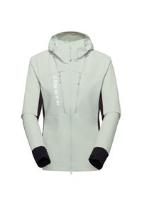Lichtgrijze softshell jack met capuchon, zwarte accenten op de mouwen en zakken, ritssluiting en verticale logo aan de voorkant.
