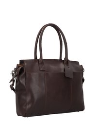 Bruine leren tote bag met twee handvatten aan de bovenkant, rechthoekige vorm, gladde textuur en een afneembare strap. Voorzien van een label en subtiele stiksels.