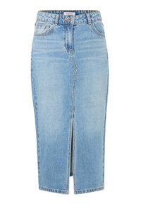 Lichtblauwe denimrok met een rechte snit, voorkeursplit, riemlussen en een bovenste knoopsluiting. Bevat klassieke stiksels en zakken.