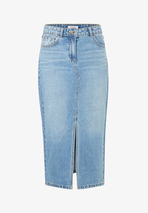 Falda de mezclilla azul claro con corte recto, abertura en la parte frontal, passadores para cinturón y cierre con botón en la parte superior. Presenta costuras clásicas y bolsillos.