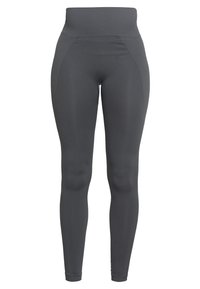 Grå leggings med hög midja, tillverkade av ett mjukt och elastiskt tyg. Har sidsömmar för en figurnära silhuett och avsmalnande ben.