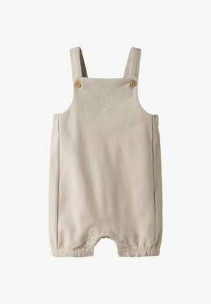 Beige randig overall med justerbara axelremmar, träknappar och tryckknappar i botten för enkel åtkomst.