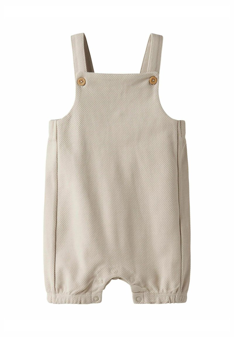 Beige striped overall romper featuring adjustable shoulder straps, wooden buttons, and snap closures at the bottom for easy access.