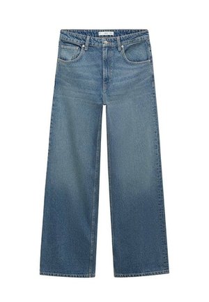 Blaue Jeans mit weitem Bein, vorn mit Knopf- und Reißverschluss, vorne und hinten Taschen sowie Gürtelschlaufen.