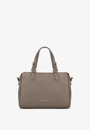 Borsa in pelle color taupe con doppi manici superiori, chiusura a zip e una texture sottile, progettata per l'uso quotidiano.