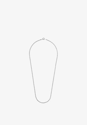 Silberne dünne Kettenhalskette mit kleinen, eng verbundenen kreisförmigen Gliedern und einem Federkreisverschluss, vor weißem Hintergrund dargestellt.