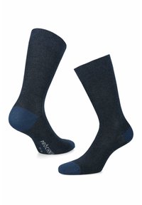 Ciemnoniebieskie skarpetki w wzór rybiej ości, z prążkowanym ściągaczem oraz kontrastującymi palcami i piętą w jaśniejszym odcieniu. Wykonane z miękkiego, teksturowanego materiału.