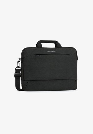 Czarna torba na laptopa wykonana z teksturowanej tkaniny, z zamykaną na zamek kieszenią z przodu, górnymi uchwytami oraz regulowanym paskiem na ramię.