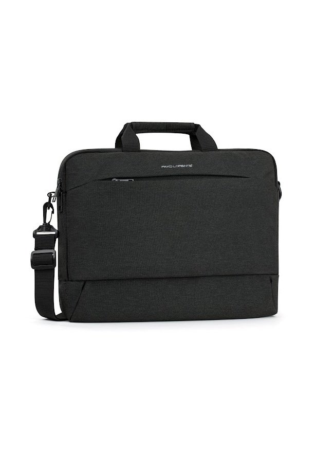Czarna torba na laptopa wykonana z teksturowanej tkaniny, z zamykaną na zamek kieszenią z przodu, górnymi uchwytami oraz regulowanym paskiem na ramię.