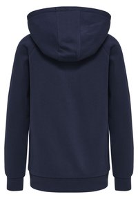 Felpa blu navy con una texture liscia, caratterizzata da un cappuccio ampio, polsini e bordo a costine, progettata per il comfort e l'abbigliamento casual.