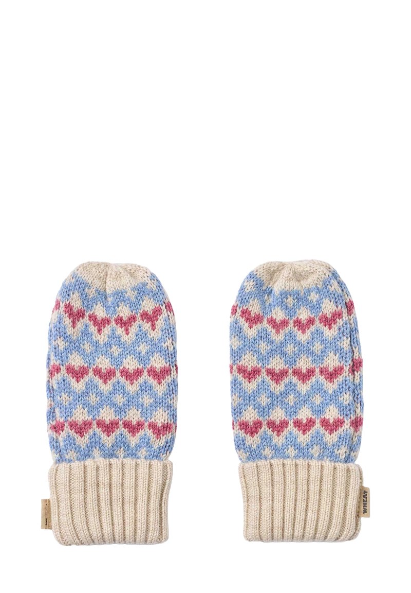 Gestrickte Handschuhe in Pastellblau mit einem Herzmuster in Rot und Creme. Mit einem gerippten beigen Bund für zusätzlichen Wärme- und Tragekomfort.