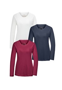Drei Langarmshirts in Weiß, Marineblau und Bordeauxrot. Jedes hat einen runden Halsauschnitt und eine glatte, weiche Textur.