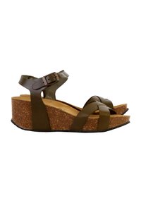 Sandales compensées marron avec semelles en liège, présentant un design à lanières et une sangle de cheville réglable. Dessus en cuir lisse avec une texture plate.