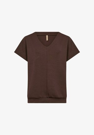 Braunes Kurzarm-V-Ausschnitt-Top mit lockerer Passform. Hergestellt aus weichem Stoff, mit einer mittigen Naht und einem leicht gerafften unteren Saum.