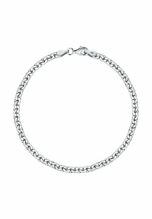 Silberne Kettenarmband mit ineinandergreifenden Gliedern und polierter Oberfläche. Mit einem Karabinerverschluss und einem glatten, strukturierten Design.