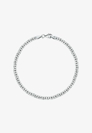 Silberne Kettenarmband mit ineinandergreifenden Gliedern und polierter Oberfläche. Mit einem Karabinerverschluss und einem glatten, strukturierten Design.