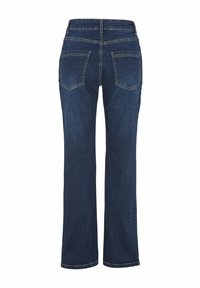 Mörkblå denimjeans med rak bendesign, som har två bakfickor och kontrasterande sömmar längs sömmarna.
