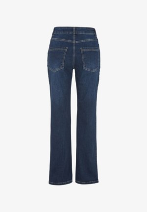 Donkerblauwe spijkerbroek met een rechte pijp, voorzien van twee achterzakken en contrasterende stiksels langs de naden.