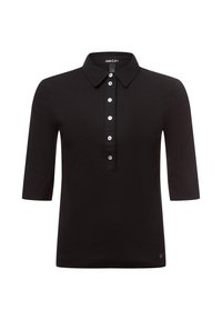 Schwarzes kurzärmeliges Poloshirt mit strukturiertem Kragen, Fünf-Knopf-Leiste und glatter Textur. Verfügt über ein kleines Logo am Saum.