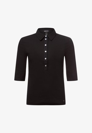 Schwarzes kurzärmeliges Poloshirt mit strukturiertem Kragen, Fünf-Knopf-Leiste und glatter Textur. Verfügt über ein kleines Logo am Saum.