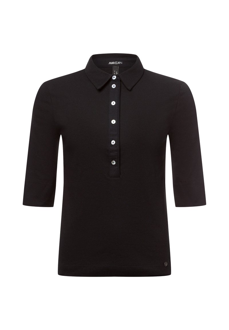 Schwarzes kurzärmeliges Poloshirt mit strukturiertem Kragen, Fünf-Knopf-Leiste und glatter Textur. Verfügt über ein kleines Logo am Saum.