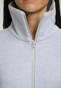 Light gray fleece jacket with a high collar, full zipper, and a soft texture. Features minimal stitching and a smooth zipper pull.