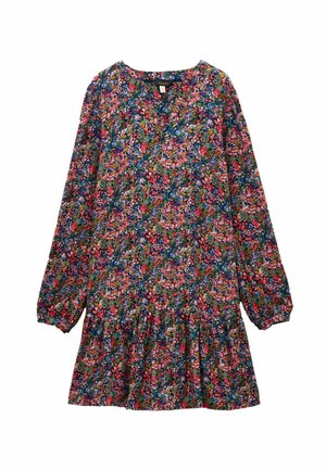 Pikkade varrukatega, põlveni ulatuv kleit mitmevärvilise lillemustriga, kogutud vöökoha ja elastsete mansettidega, valgel taustal.