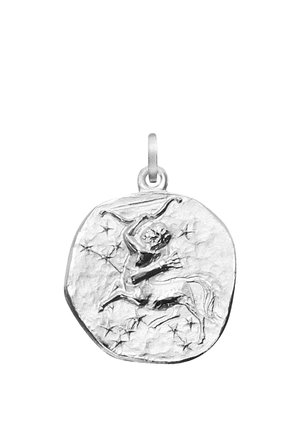 Silberanhänger mit einer Gravur eines Zentaur-Bogenschützen, umgeben von kleinen Sternen, mit einer Öse zum Anbringen an einer Kette.
