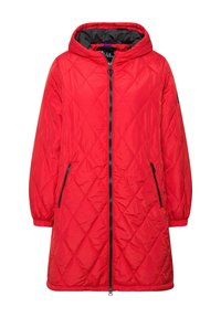 Red quilted coat with a hood, featuring a black lining, front zipper, and two side pockets. Long sleeves with elastic cuffs.