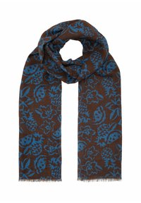 Brown scarf featuring blue floral and pineapple patterns, fringed edges, soft texture, and elongated rectangular shape.