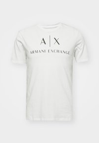 Witte katoenen t-shirt met een ronde hals, korte mouwen en een centraal grafisch ontwerp met de tekst "A|X ARMANI EXCHANGE" in zwarte letters.