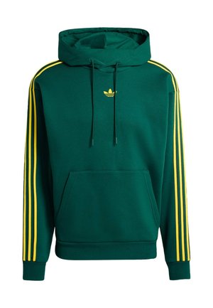 Groen hoodie gemaakt van zachte stof, met een kangoeroezak, gele strepen langs de mouwen en een klein geel logo op de borst.