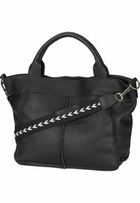 Svart läder tote-väska med dubbla handtag och en avtagbar rem. Har en texturerad yta och dekorativa vita flätade detaljer.