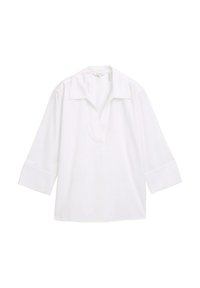 Blouse blanche ample avec un col, manches 3/4 retroussées et texture à rayures. Tissu doux et design simple.