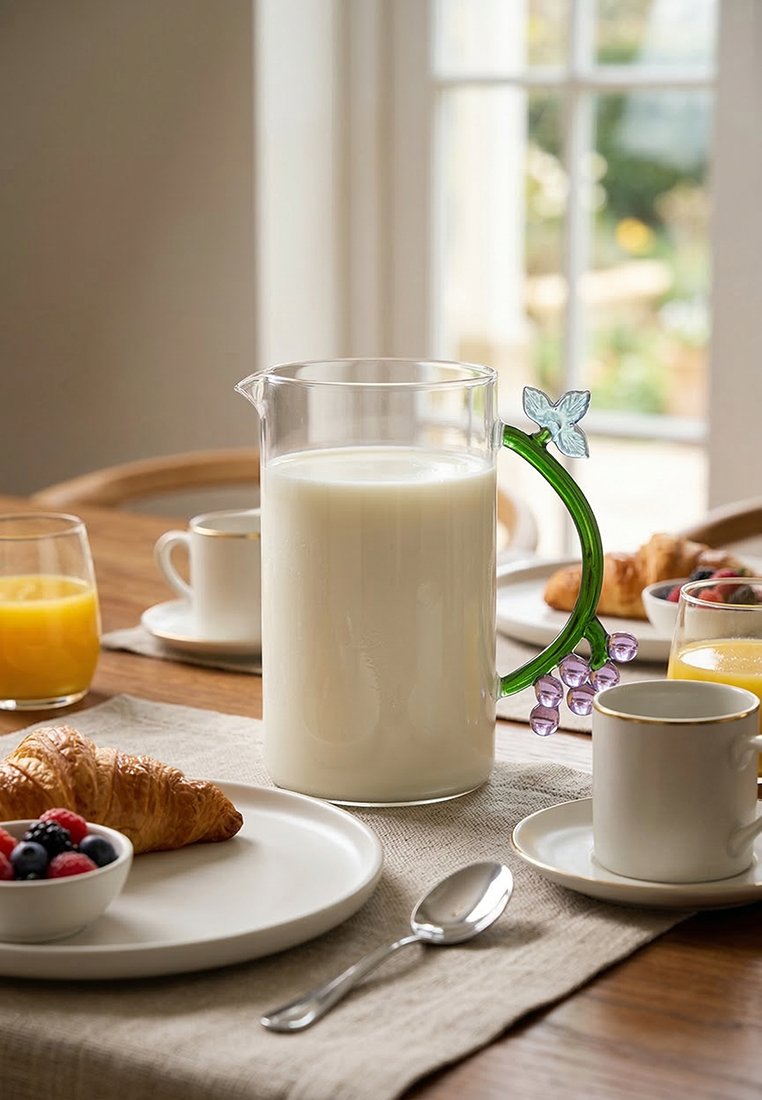 Dzbanek mleka z ozdobnym zielonym uchwytem na stole ustawionym z rogalikiem, jagodami, sokiem pomarańczowym, filiżanką kawy i łyżeczką przy jasnym oknie.