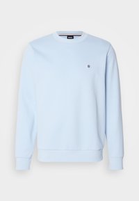 Sweatshirt bleu clair en mélange de coton, avec un col rond, des manches longues, des poignets et un bord ribbés, et un petit logo brodé sur la poitrine.