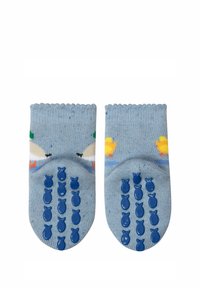 Blaue Baumwollsocken mit einem Entwurf von einer Ente, mit einem strukturierten Boden für besseren Halt. Akzentuiert mit blauen Gummidots und gewellten Kanten.