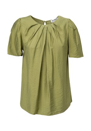 Groene blouse met korte mouwen, plooien aan de voorkant, ronde halslijn, gestructureerde stof en een kleine oogje-sluiting aan de achterkant.