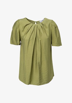 Groene blouse met korte mouwen, plooien aan de voorkant, ronde halslijn, gestructureerde stof en een kleine oogje-sluiting aan de achterkant.