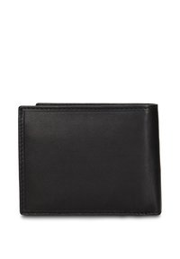 Portafoglio in pelle nera con texture liscia, forma rettangolare e bordi cuciti. Non presenta elementi metallici visibili né motivi.