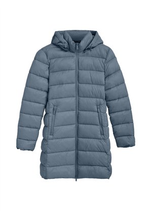 Veste en doudoune bleu clair avec capuche, dotée d'une fermeture éclair sur le devant, de poignets côtelés et de deux poches latérales. Fabriquée en tissu matelassé avec une finition texturée.