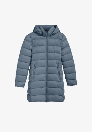 Light blue puffer jacket with a hood, featuring a zip front, ribbed cuffs, and two side pockets. Made of quilted fabric with a textured finish.