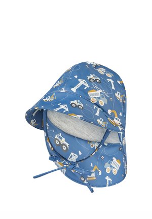 Blue children's hat with chin strap, featuring construction vehicles and cranes pattern, and a soft gray inner lining.