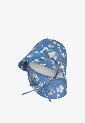 Blauer Kinderhut mit Kinnriemen, mit einem Muster aus Baumaschinen und Kränen sowie weichem grauem Innenfutter.