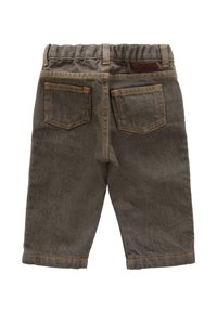 Pantaloni in denim grigio con una vestibilità rilassata, vita elastica, due tasche posteriori e dettagli di cucitura arancione. Texture liscia, design a gamba affusolata.