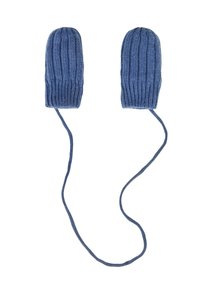 Blau gestrickte Handschuhe mit einem gerippten Muster. Verbunden durch eine passende Schnur, mit einer runden Oberseite und strukturiertem Stoff.