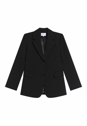 Zwarte op maat gemaakte blazer met notch revers, twee voorste klepzakken, twee knopen en een gladde voering.